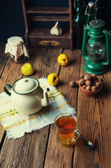 Hot tea for autumn. Old rustic kitchen