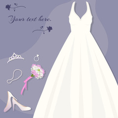 Bride's set. Wedding dress, tiara, ring, shoes bouquet necklace