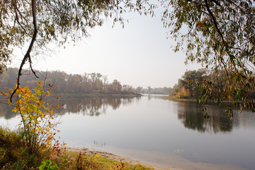 Fototapeta na wymiar autumn landscape on the river autumn morning. Belarus