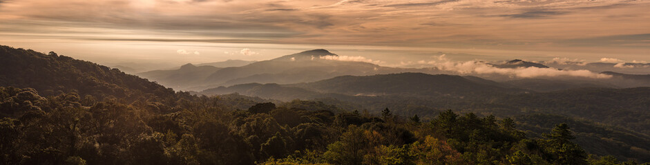  Panorama of mountains landscape under morning sky with clouds at Doi Inthanon National Park, Chiang Mai, Thailand.