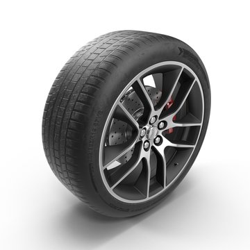 Automotive wheel on light alloy disc isolated. 3D illustration