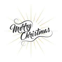 Merry Christmas text on light rays of burst background. Vector card design with custom calligraphy.