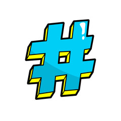 Hashtag. Pop art cool sticker, patch. Hash tag, Twitter, social media, instagram, facebook, number, Pound sign isolated on white. Sending sharing post. Fashion 80s-90s retro style. Vector illustration
