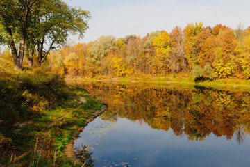 autumn landscape on the river autumn morning. Belarus