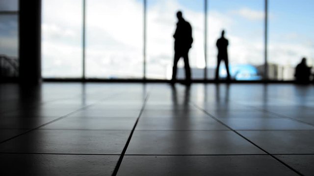 Passengers follow to boarding with baggage in front of window in airport, silhouette