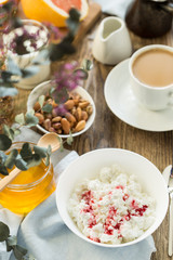 Breakfast with cottage cheese (curd) and coffee
