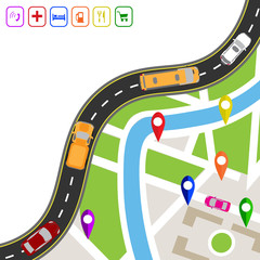 Road infographics. Winding road with markers on the map terrain. The path specifies the navigator. Displaying traffic car illustration