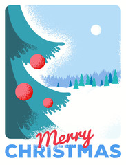 Fototapeta na wymiar Christmas greeting card with fir, retro styled with scratched pa