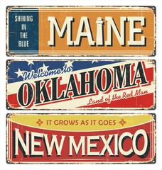 Fototapeta premium Vintage tin sign collection with USA state. Maine. Oklahoma. New Mexico. Retro souvenirs or vintage paper old postcard templates on tin rust background.