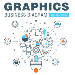 Business graphics of modern office industry. Thin line diagram concept. Statistic creative and infographics finance elements. Slim vector stroke pictogram for web design.