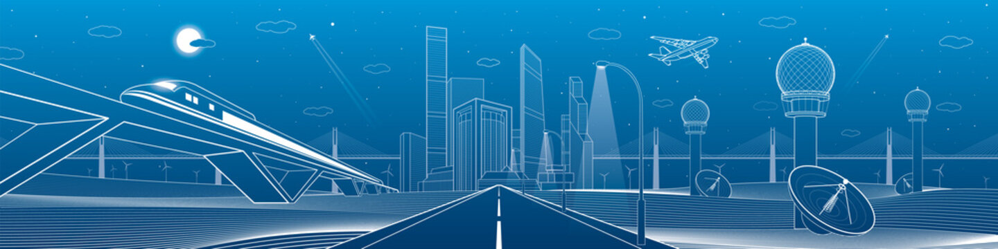 Infrastructure panorama. Highway, train traveling on bridges, business center, architecture and urban, neon city, radar and tower, white lines on blue background, dynamic scene, vector design art