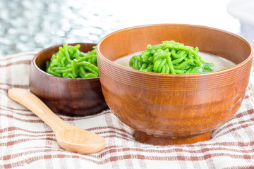 Lod Chong Dessert in Coconut Milk ,Traditional thai dessert rice noodles that eaten with coconut milk