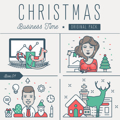 Obraz premium Modern excellent happy christmas business time. Thin line new year holiday concept. Decoration winter new year tree elements. Celebration vector winter objects and beauty xmas event.