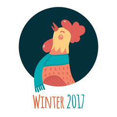 Cartoon rooster in round frame. Symbol of the year. Winter flat illustration. White background.