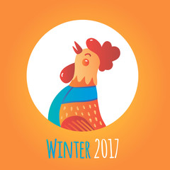 Cartoon rooster in round frame. Symbol of the year. Winter flat illustration. Yellow gradient background.