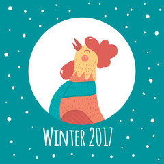 Cartoon rooster in round frame. Symbol of the year. Winter flat illustration. Blue background.