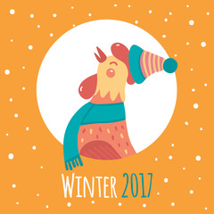 Cartoon rooster in round frame. Symbol of the year. Winter flat illustration. Yellow background.