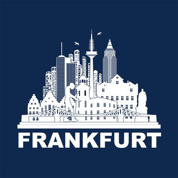 Frankfurt am Main - City Deutschland - Panoramaansicht Skyline Sehenw&uuml;rdigkeiten Silhouette Denkm&auml;ler Br&uuml;cken - Grafik Vektor blau wei&szlig;