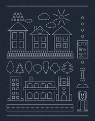 Linear set of buildings, trees, fence, dog. A bowl for the dog. Linear icons.