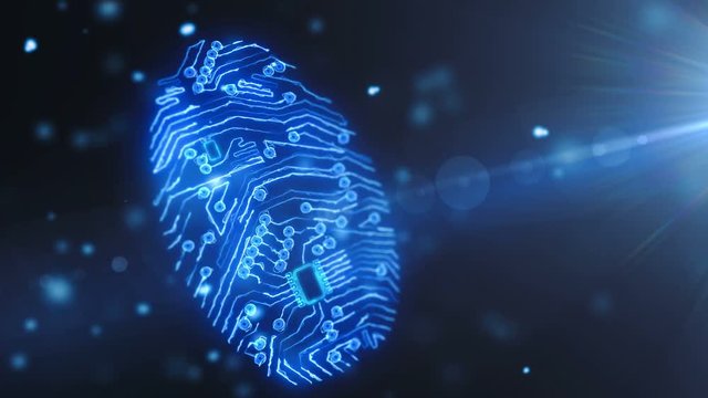Animation of chip finger print concept. The latest technology of the access via the fingerprint scanner. Fingerprint scanning for secure access.