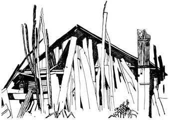 Houses in village, Countryside landscape, Hand drawn illustration sketch.