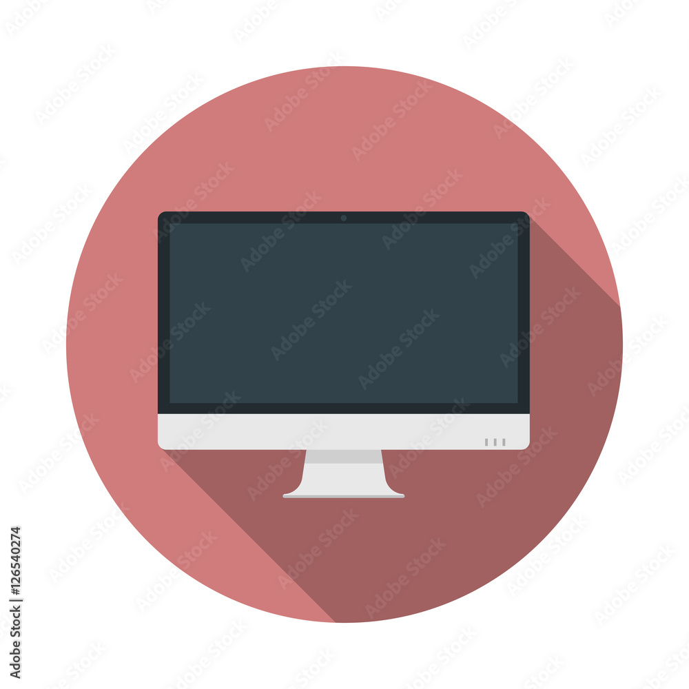 Poster computer pc monitor web logo icon. round web button with monitor icon in flat style with shadow on a
