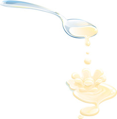 Cream or milk splash with teaspoon and falling drop. Yogurt.
