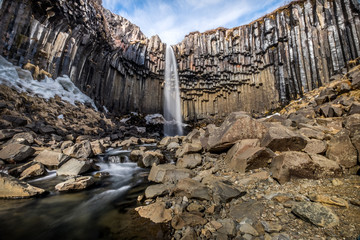 Svartifoss, the black waterfall with basalt columns. Skaftafell national park, South coast of...