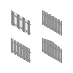 A set of isometric spans wooden fences, vector illustration.