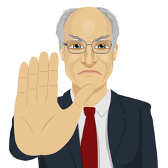 angry senior businessman with glasses showing stop gesture