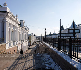 The central part of the city of Omsk. The sidewalk along Lenin Street