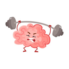 Funny concentration brain training with a barbell, cartoon vector illustration on white background. Cute brain character lifting weights as a symbol of education, training and development