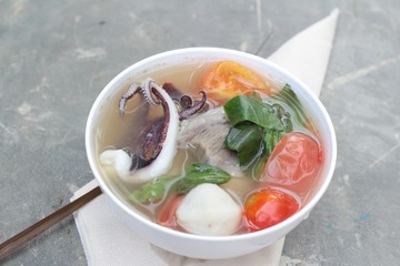 Spicy soup seafood in bowl is delicious.