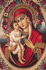 Transcarpathia, Ukraine - May 8, 2016: Sign of faith.The Madonna and Jesus - obrazy, fototapety, plakaty