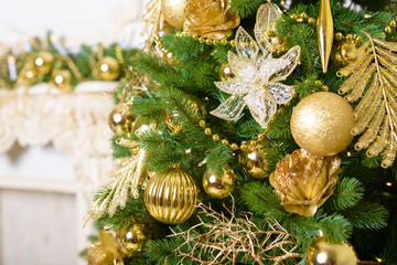 Christmas balls on fir tree. New Year holidays and Christmastime celebration