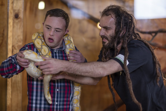 Animal attendant handing over albino python snake to young man with down syndrome - Powered by Adobe