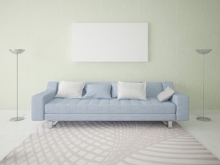 Modern spacious living room with a comfortable sofa.