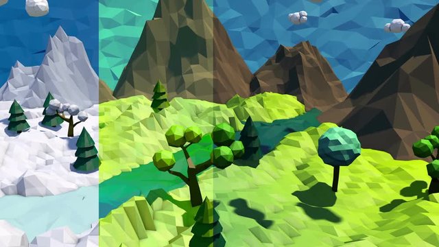 3d low poly landscape. Seasons change