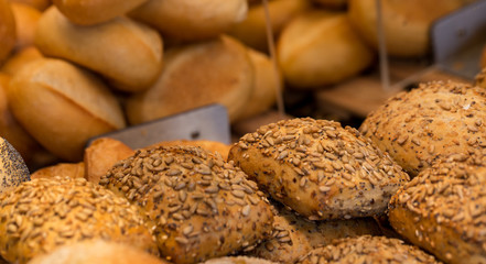 mixed buns in a bakery