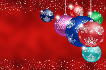 Christmas toys with snowflakes on abstract red background