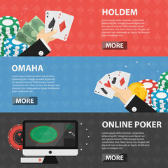Vector flat horizontal banners of poker for websites. Business concept of gambling, casino marketing and game of chance. Set of poker elements. - obrazy, fototapety, plakaty