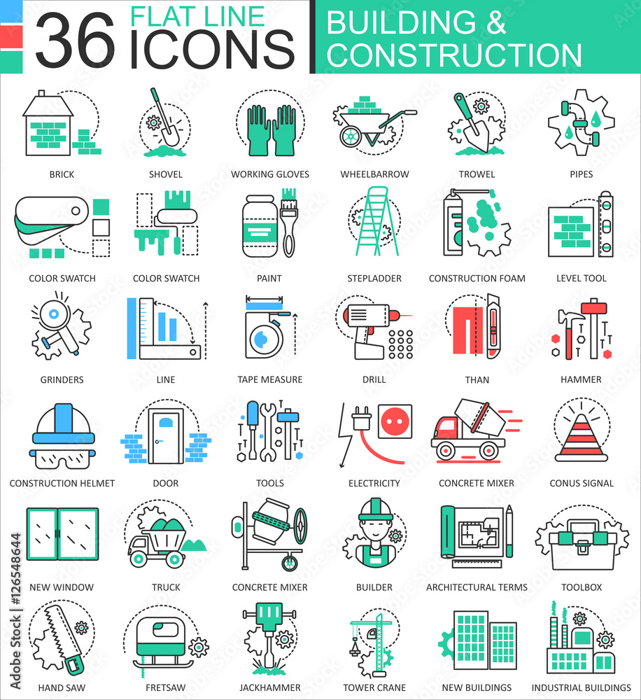 Poster Vector Construction and building tools modern color flat line outline icons for apps and web design.
