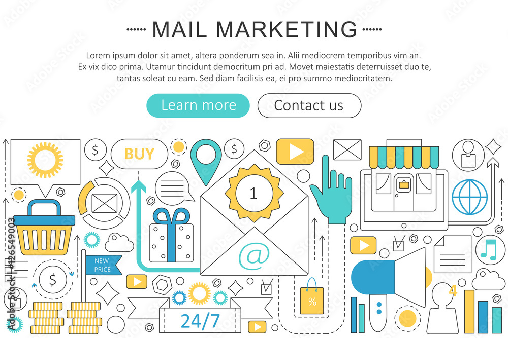 Poster Vector elegant thin line flat modern Mail marketing concept. Website header banner elements layout. Presentation, flyer and poster.