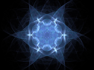Digital abstract fractal blue star flower on black background