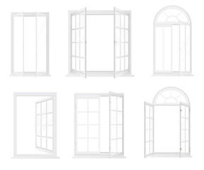 Different types of windows. Realistic decorative windows icons set.