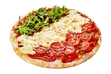 italy flag coloured pizza with cheese, tomato and rocket salad isolate on white background