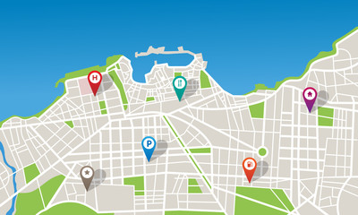 City map with navigation pins