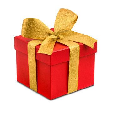 Rotes Geschenk mit goldener Schleife als Freisteller