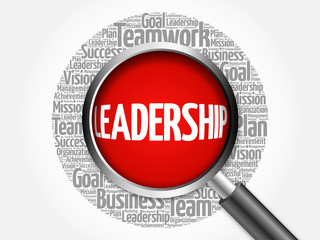 LEADERSHIP word cloud with magnifying glass, business concept