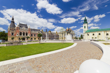 Union square (Piata Unirii) Oradea, Romania, cityscape with beautiful clouds